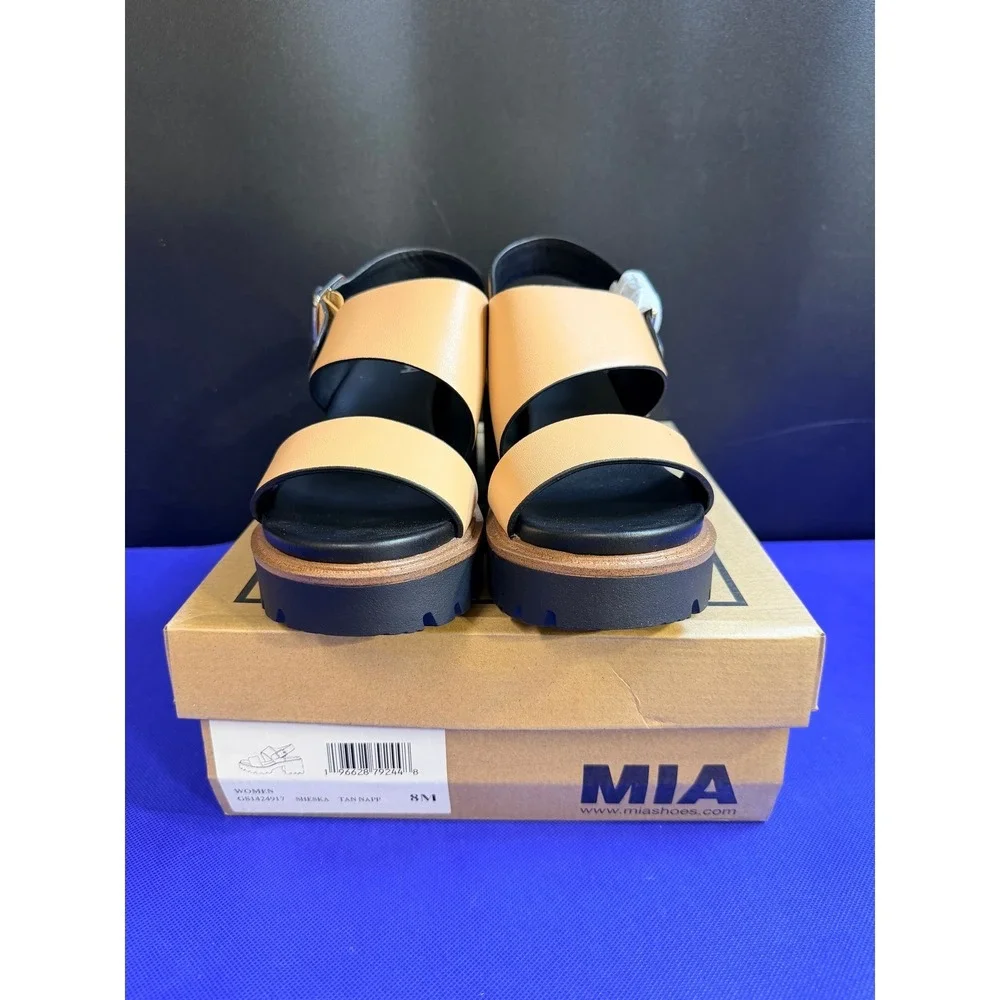 MIA Sheska Tan Nappa Leather Lug Sole Block Heel Sandals Women's‎ Size 8M